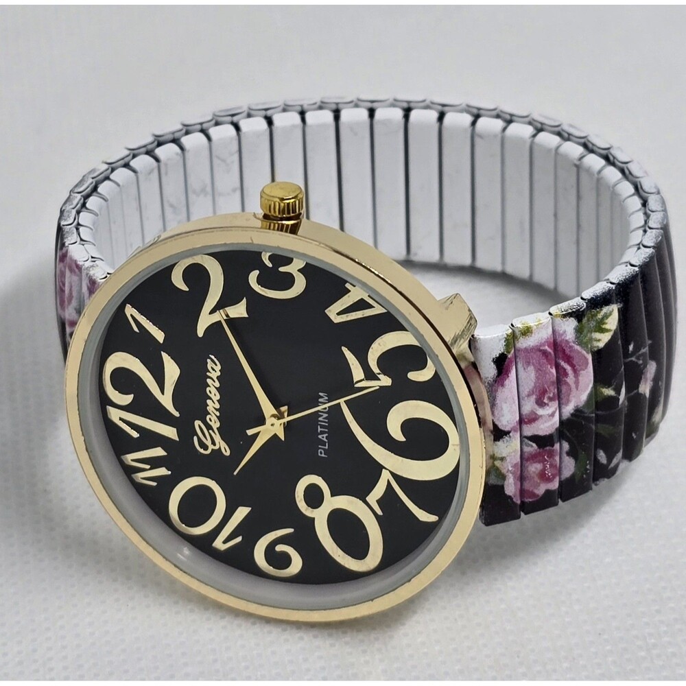 Women's Geneva Platinum Round Gold Tone Metal Floral Stretch Band Watch 13 - Picture 6 of 8